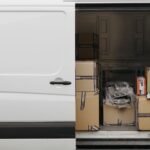 Interior of a delivery van with various packages stacked inside